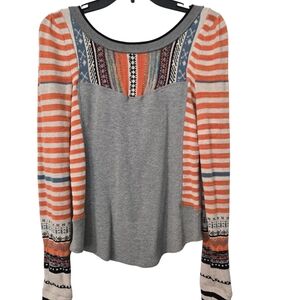 Free People Graphic Gray and Orange Relaxed Blouse